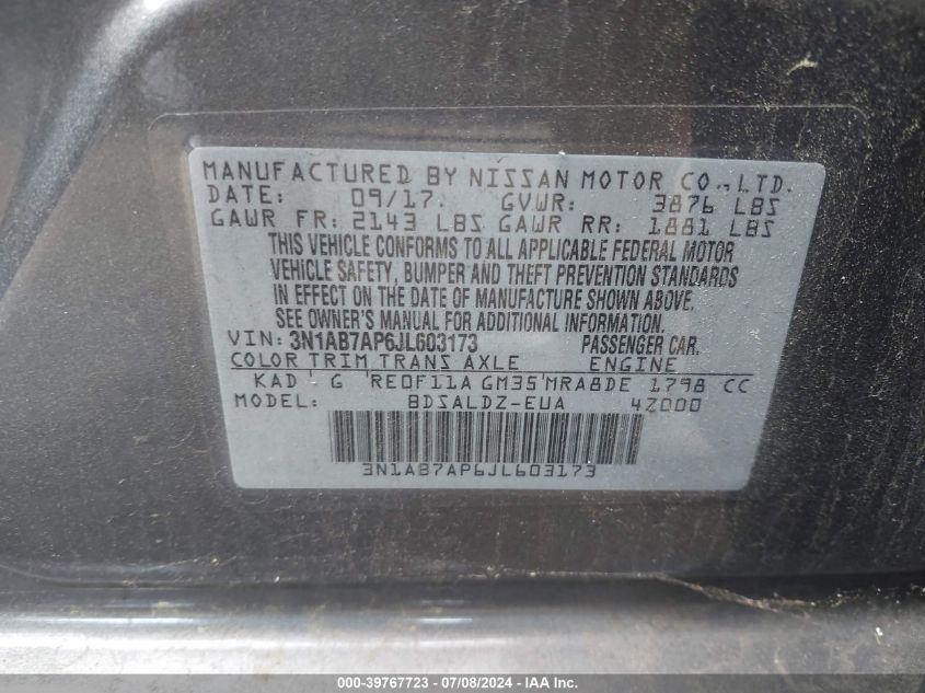 2018 Nissan Sentra Sv VIN: 3N1AB7AP6JL603173 Lot: 39767723