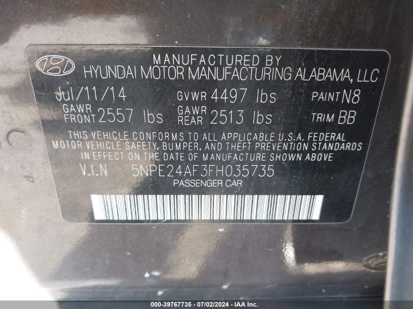 2015 Hyundai Sonata Se VIN: 5NPE24AF3FH035735 Lot: 39767735