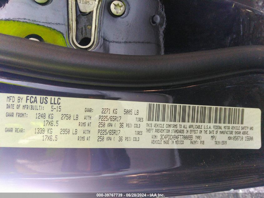 2015 Dodge Journey American Value Pkg VIN: 3C4PDCAB4FT700099 Lot: 39767739