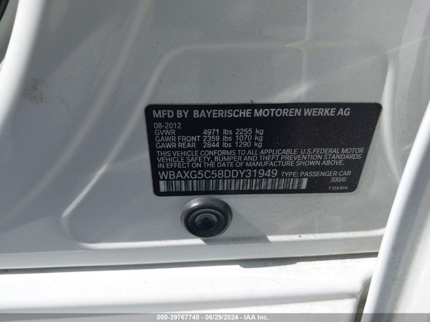 2013 BMW 528I VIN: WBAXG5C58DDY31949 Lot: 39767748