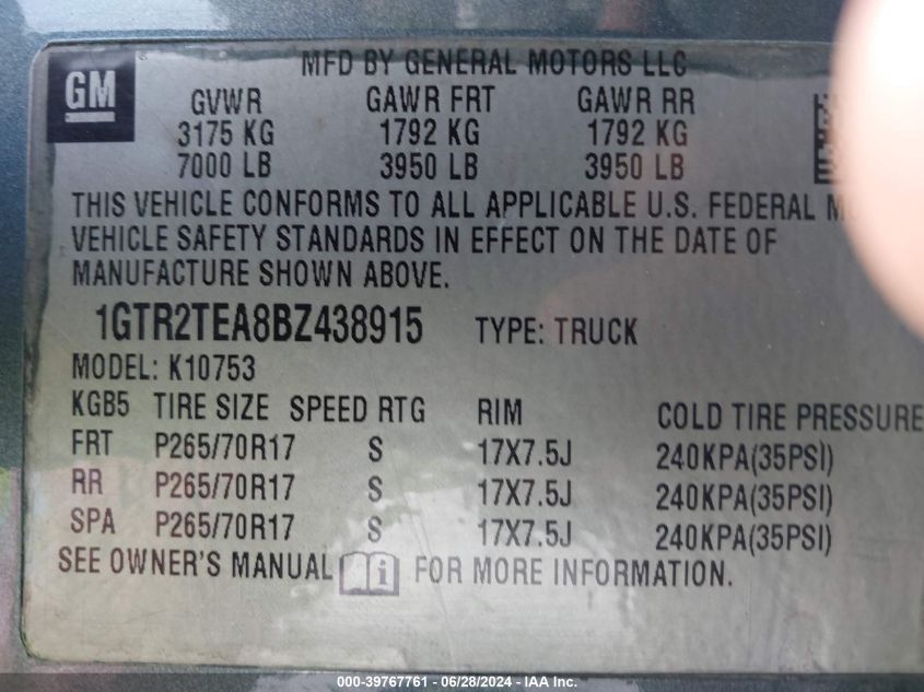 2011 GMC Sierra 1500 Work Truck VIN: 1GTR2TEA8BZ438915 Lot: 39767761