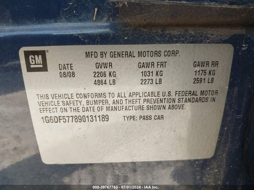 2009 Cadillac Cts Standard VIN: 1G6DF577890131189 Lot: 39767763