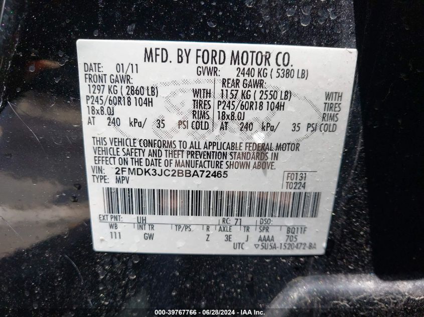 2011 Ford Edge Sel VIN: 2FMDK3JC2BBA72465 Lot: 39767766