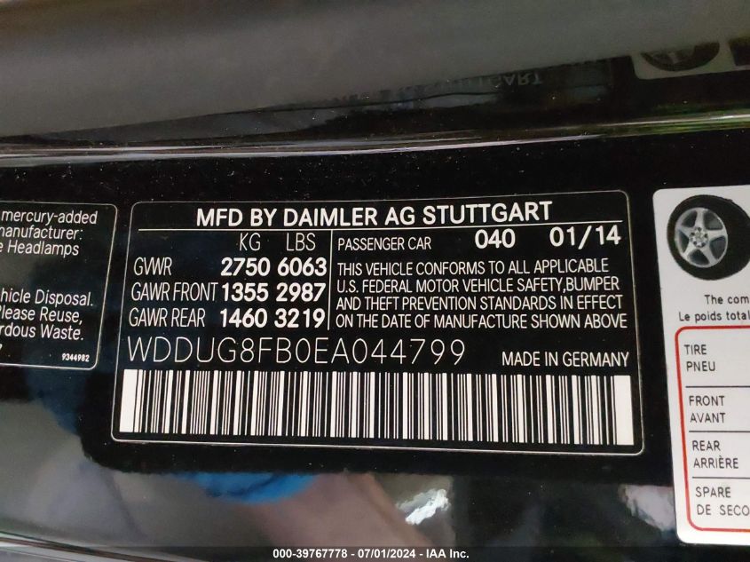 2014 Mercedes-Benz S 550 4Matic VIN: WDDUG8FB0EA044799 Lot: 39767778