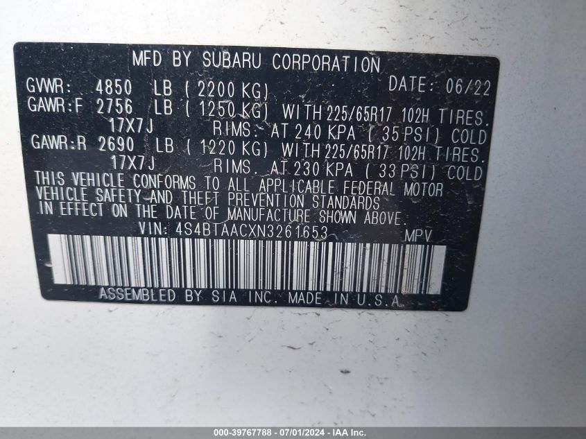 2022 Subaru Outback VIN: 4S4BTAACXN3261653 Lot: 39767788