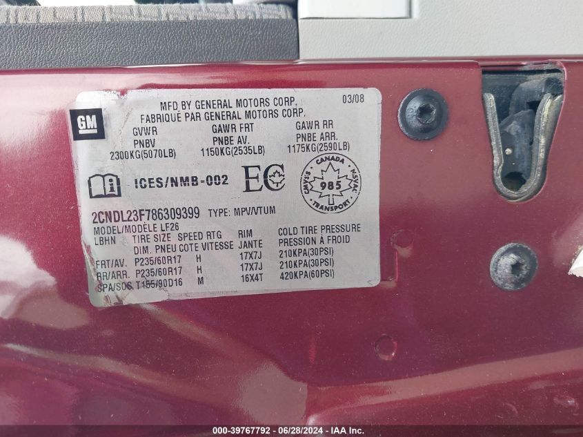 2008 Chevrolet Equinox Ls VIN: 2CNDL23F786309399 Lot: 39767792