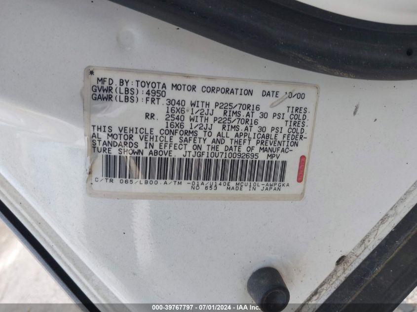 2001 Lexus Rx 300 VIN: JTJGF10U710092695 Lot: 39767797