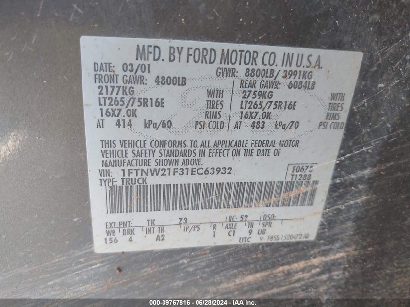 2001 Ford F250 Super Duty VIN: 1FTNW21F31EC63932 Lot: 39767816