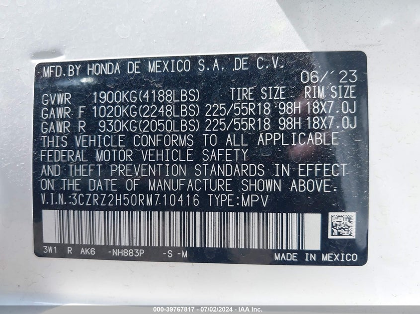 VIN 3CZRZ2H50RM710416 2024 HONDA HR-V AWD SPORT/AWD SPORT W/O BSI