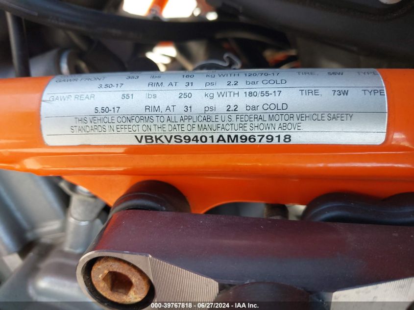 2010 Ktm 990 Supermoto/Touring VIN: VBKVS9401AM967918 Lot: 39767818