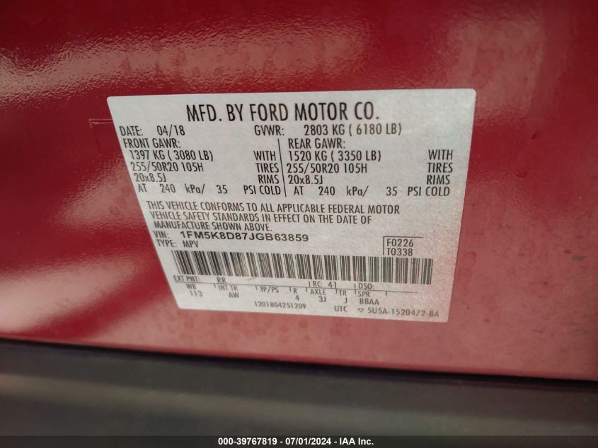 2018 Ford Explorer Xlt VIN: 1FM5K8D87JGB63859 Lot: 39767819