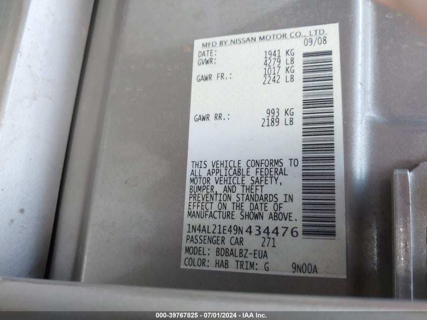 2009 Nissan Altima 2.5 S VIN: 1N4AL21E49N434476 Lot: 39767825