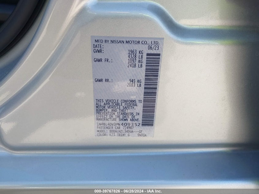 VIN 1N4BL4DV3PN409352 2023 NISSAN ALTIMA SV FWD