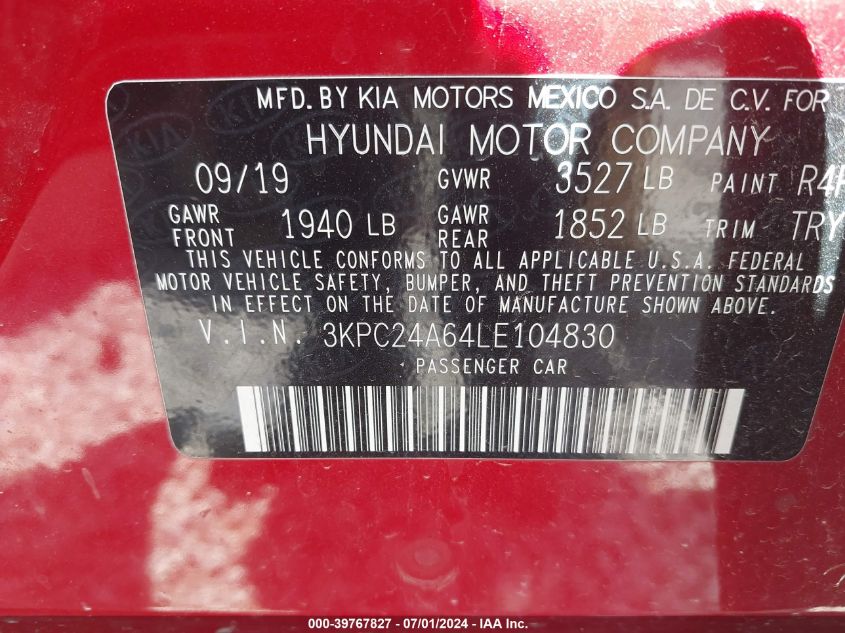 2020 Hyundai Accent Se VIN: 3KPC24A64LE104830 Lot: 39767827