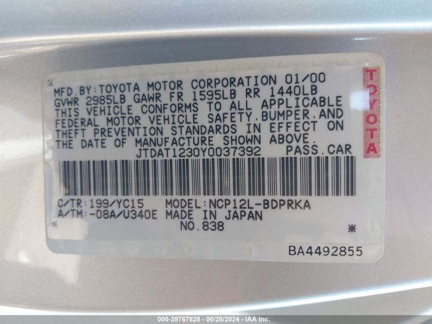 2000 Toyota Echo VIN: JTDAT1230Y0037392 Lot: 39767828