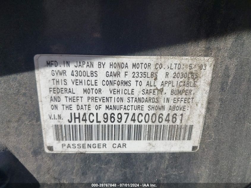 2004 Acura Tsx VIN: JH4CL96974C006461 Lot: 39767848