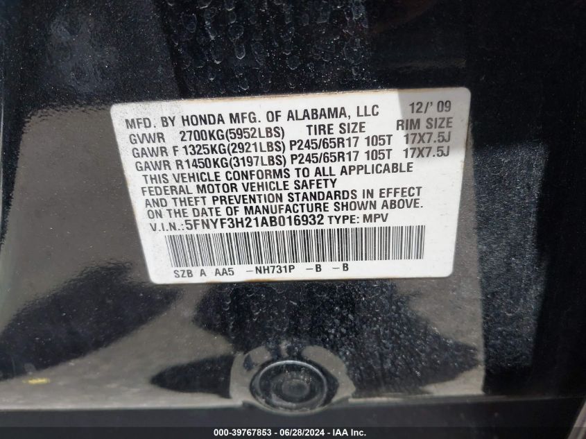 2010 Honda Pilot Lx VIN: 5FNYF3H21AB016932 Lot: 39767853