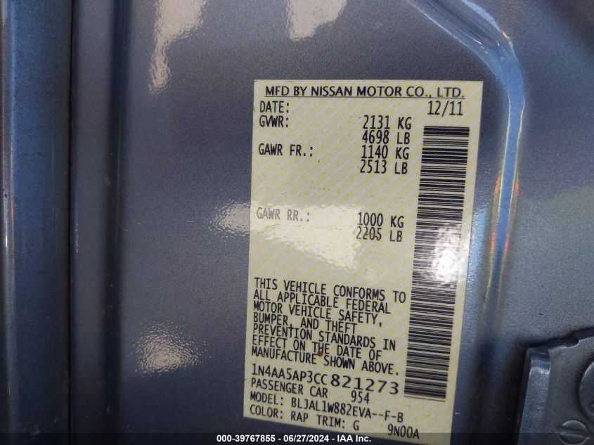 2012 Nissan Maxima 3.5 Sv VIN: 1N4AA5AP3CC821273 Lot: 39767855