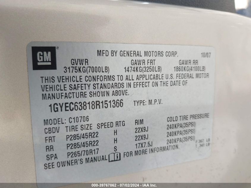 1GYEC63818R151366 2008 Cadillac Escalade Standard