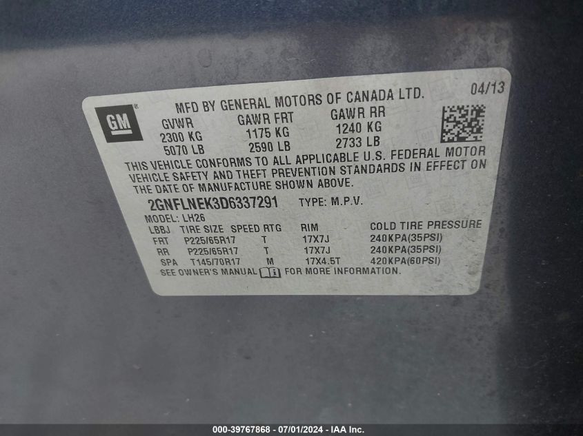 2013 Chevrolet Equinox 2Lt VIN: 2GNFLNEK3D6337291 Lot: 39767868