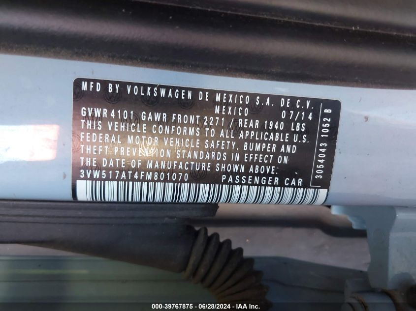 2015 Volkswagen Beetle 1.8T VIN: 3VW517AT4FM801070 Lot: 39767875