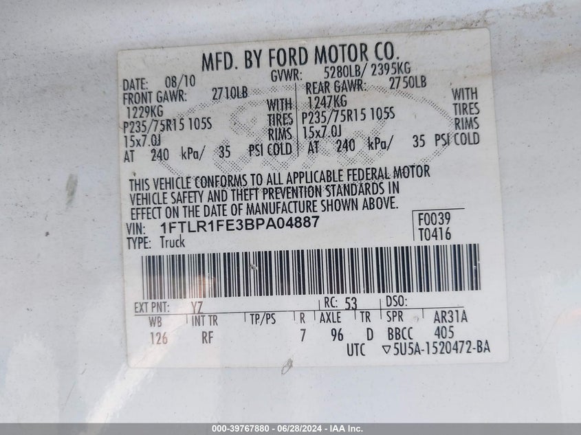 2011 Ford Ranger Xl VIN: 1FTLR1FE3BPA04887 Lot: 39767880