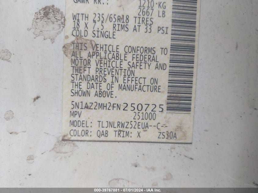 2015 Nissan Murano Sl VIN: 5N1AZ2MH2FN250725 Lot: 39767881