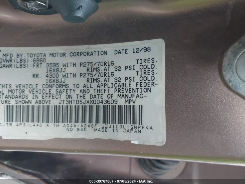 1999 Toyota Land Cruiser VIN: JT3HT05JXX0043609 Lot: 39767887