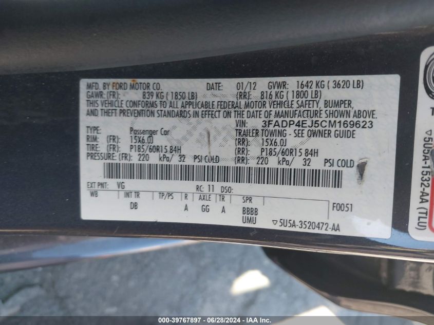 2012 Ford Fiesta Se VIN: 3FADP4EJ5CM169623 Lot: 39767897