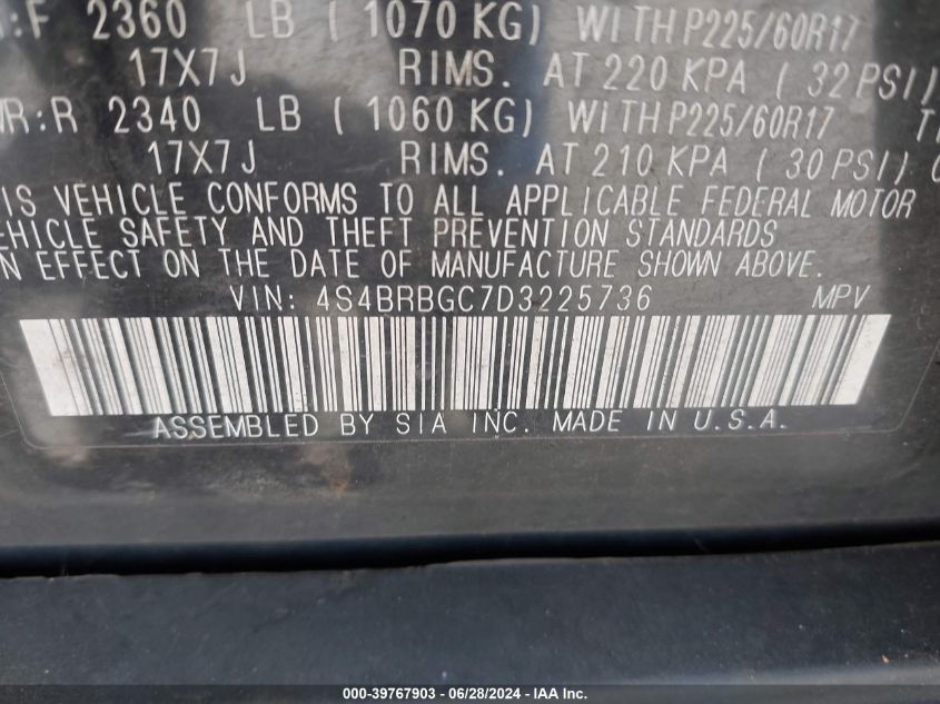 2013 Subaru Outback 2.5I Premium VIN: 4S4BRBGC7D3225736 Lot: 39767903