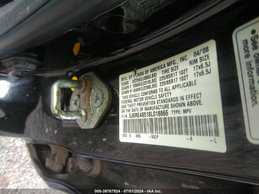 2008 Honda Cr-V Ex VIN: 5J6RE48518L018866 Lot: 39767924