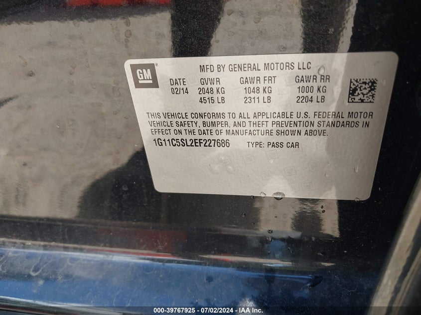 2014 Chevrolet Malibu 1Lt VIN: 1G11C5SL2EF227686 Lot: 39767925