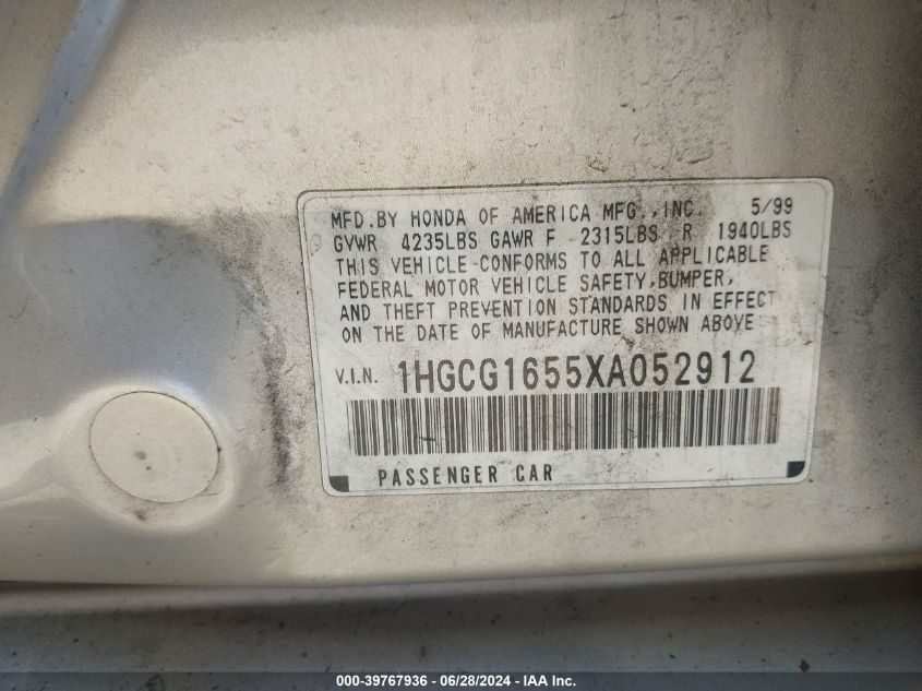 1999 Honda Accord Ex V6 VIN: 1HGCG1655XA052912 Lot: 39767936