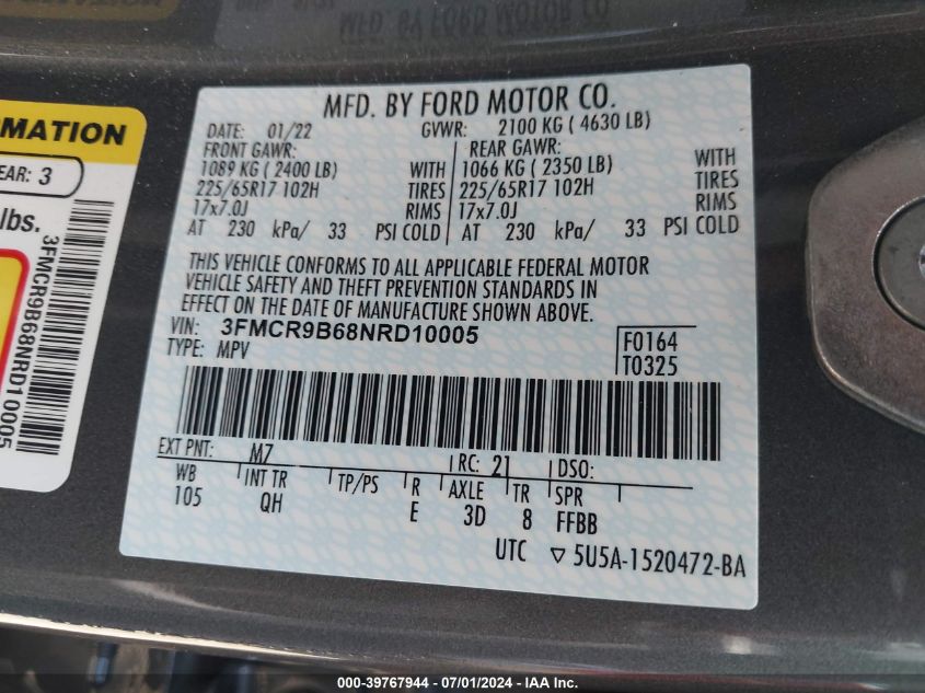 2022 Ford Bronco Sport Big Bend VIN: 3FMCR9B68NRD10005 Lot: 39767944