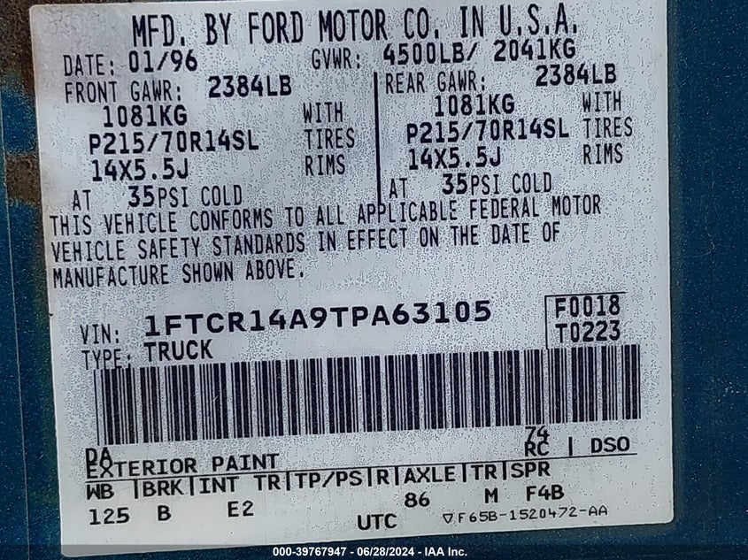 1996 Ford Ranger Super Cab VIN: 1FTCR14A9TPA63105 Lot: 39767947