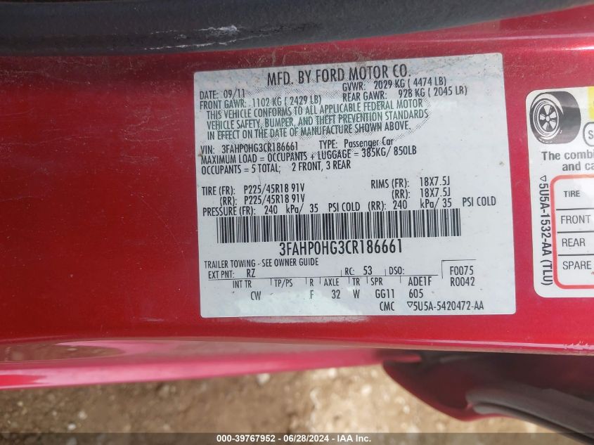 2012 Ford Fusion Se VIN: 3FAHP0HG3CR186661 Lot: 39767952