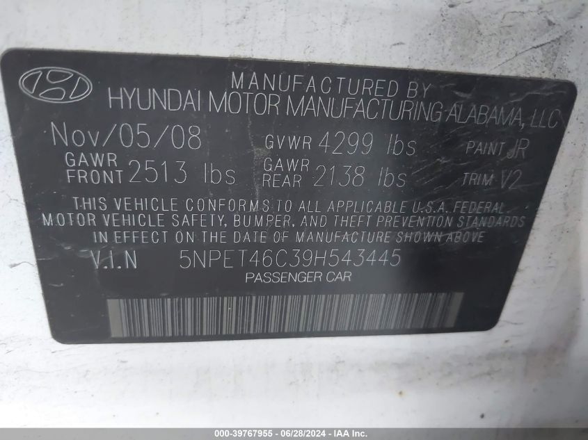 5NPET46C39H543445 | 2009 HYUNDAI SONATA