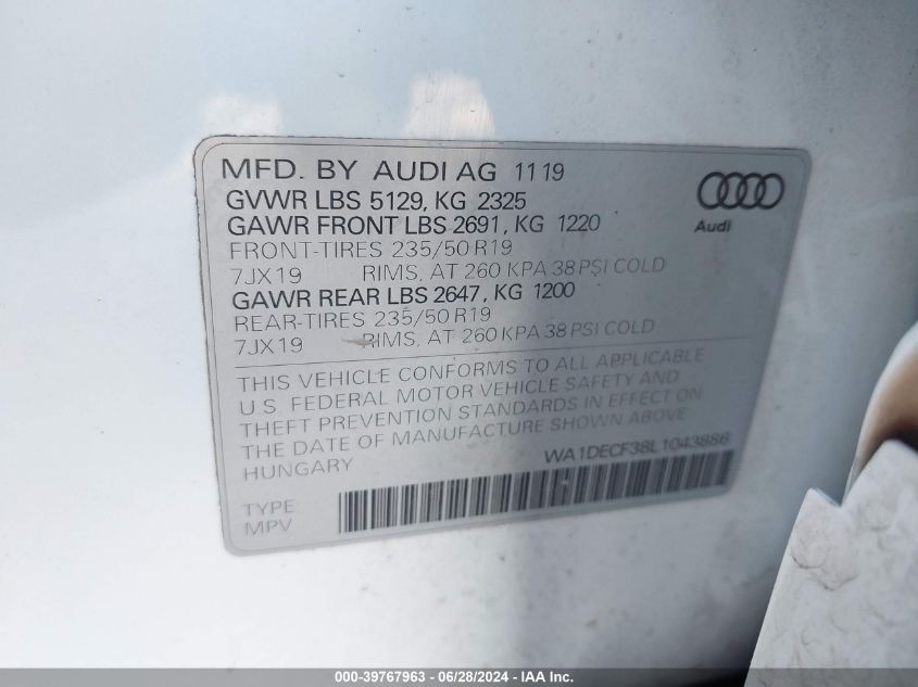 2020 Audi Q3 Premium S Line VIN: WA1DECF38L1043886 Lot: 39767963