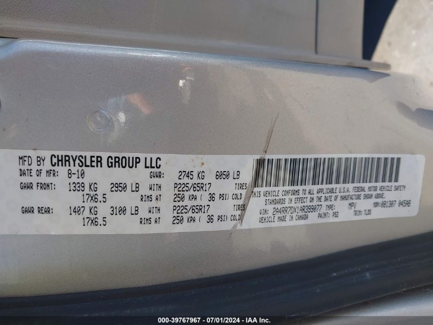 2010 Chrysler Town & Country New Limited VIN: 2A4RR7DX1AR399077 Lot: 39767967