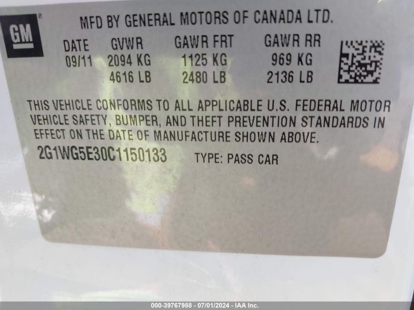 2012 Chevrolet Impala Lt VIN: 2G1WG5E30C1150133 Lot: 39767988