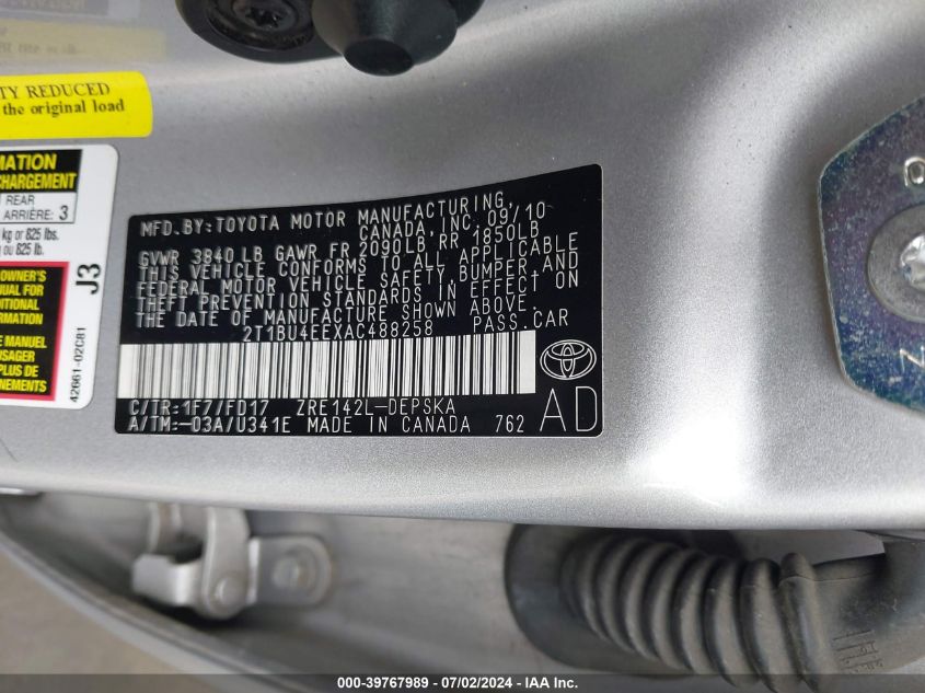 2010 Toyota Corolla S/Le/Xle VIN: 2T1BU4EEXAC488258 Lot: 39767989