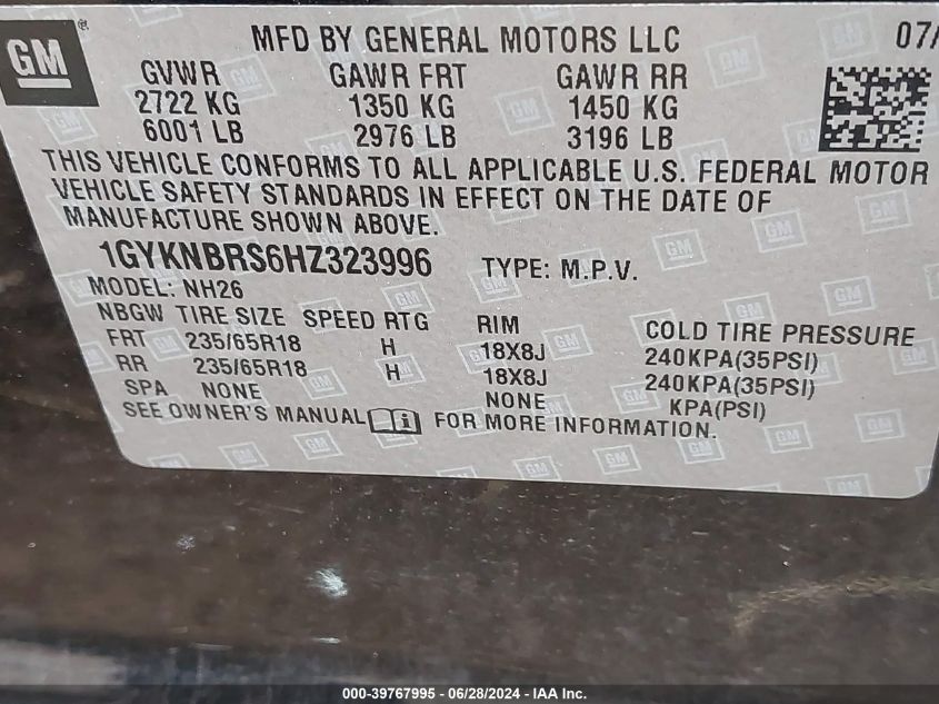 2017 Cadillac Xt5 Luxury VIN: 1GYKNBRS6HZ323996 Lot: 39767995