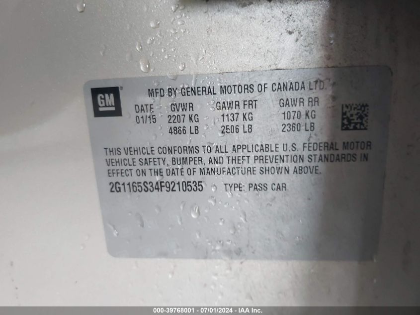 2015 Chevrolet Impala 2Lz VIN: 2G1165S34F9210535 Lot: 39768001