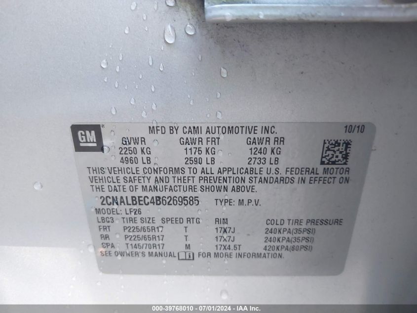 2011 Chevrolet Equinox Ls VIN: 2CNALBEC4B6269585 Lot: 39768010