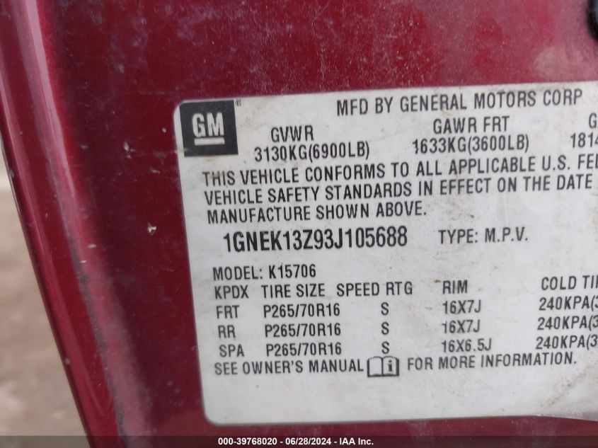 2003 Chevrolet Tahoe Ls VIN: 1GNEK13Z93J105688 Lot: 39768020