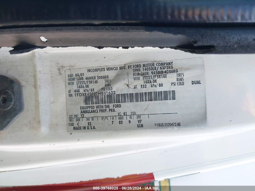 2001 Ford Econoline E450 Super Duty Cutwy Van VIN: 1FDXE45F01HB41623 Lot: 39768025