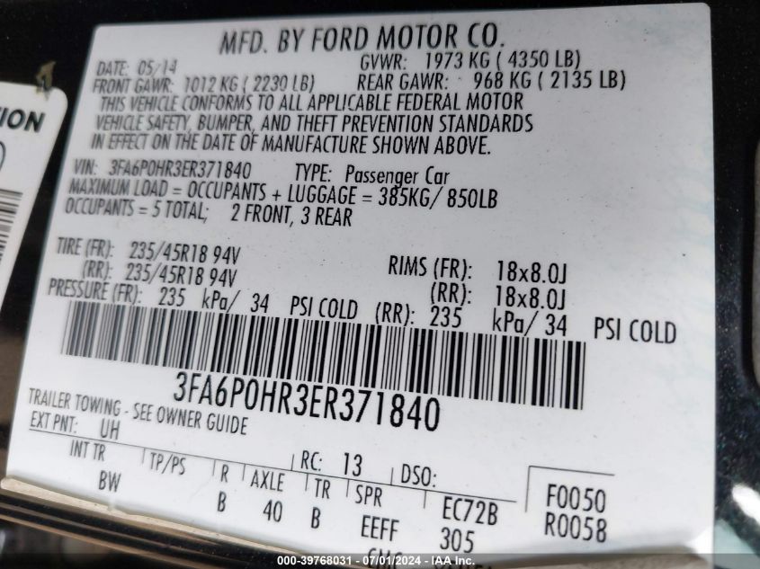 2014 FORD FUSION SE - 3FA6P0HR3ER371840