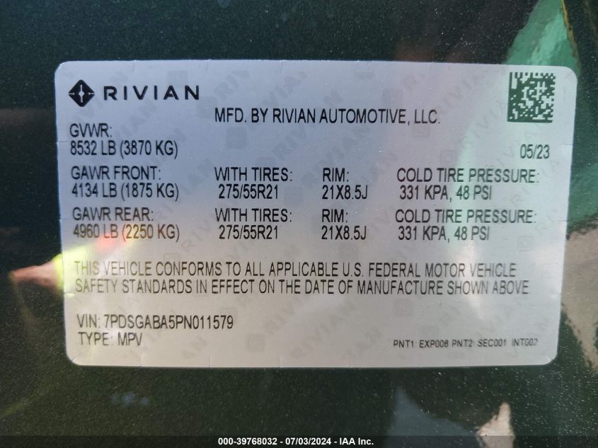 7PDSGABA5PN011579 2023 Rivian R1S Adventure