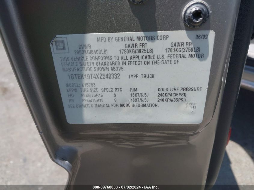 1999 GMC Sierra 1500 Sle VIN: 1GTEK19T4XZ540332 Lot: 39768033