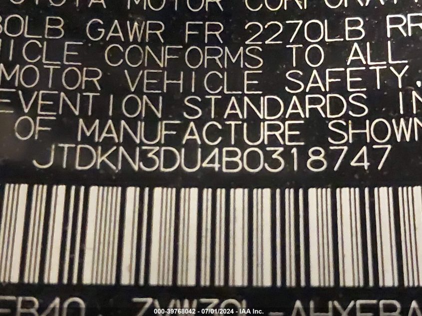 2011 Toyota Prius Three VIN: JTDKN3DU4B0318747 Lot: 39768042